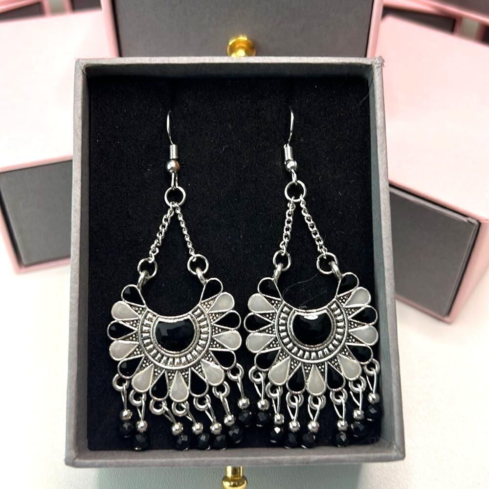 Handmade Silver Boho Statement Earrings Beaded Dangle Festival